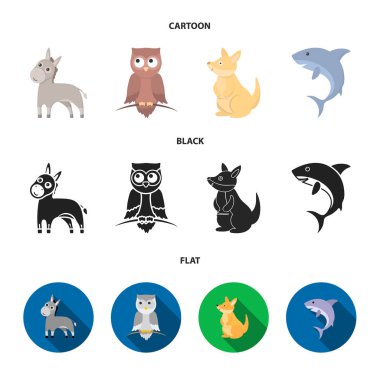 Eşek, baykuş, kanguru, köpekbalığı. Hayvan toplama simgeler çizgi film, siyah, düz stil vektör simge stok çizim web içinde ayarla..