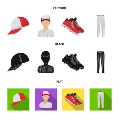 Beyzbol şapkası, oyuncu ve diğer aksesuarları. Beyzbol toplama simgeler çizgi film, siyah, düz stil vektör simge stok çizim web içinde ayarla..