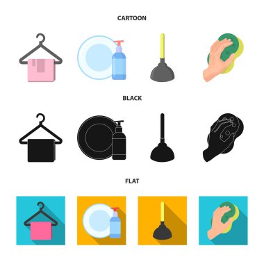 Temizlik ve hizmetçi çizgi film, siyah, düz simgeler set koleksiyonu tasarım için. Vektör simge stok web illüstrasyon Temizleme için donatım.