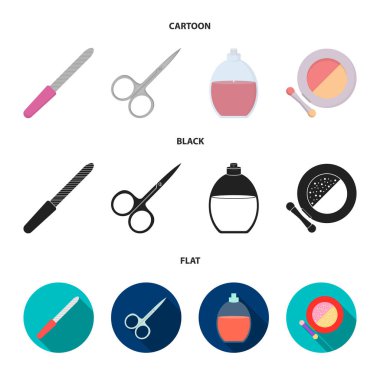 Tırnak törpüsü, makaslar, çivi, parfüm, pudra fırçası ile için. Makyaj toplama simgeler çizgi film, siyah, düz stil vektör simge stok çizim web içinde ayarla..