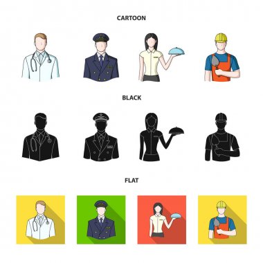 Doktor, pilot, Garson kız, builder, mason. Meslek toplama simgeler çizgi film, siyah, düz stil vektör simge stok çizim web içinde ayarla..