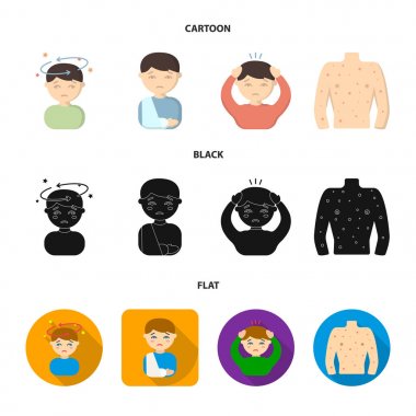 Bir baş ağrısı, yıldız, bir adam bir oyuncular, kırık bir el ile ile ile bir çocuk hasta bir adam başını elleri, bir adam gövde ile ülserler ve bir döküntü ile yakaladı. Hasta küme toplama simgeler, çizgi film, siyah, düz