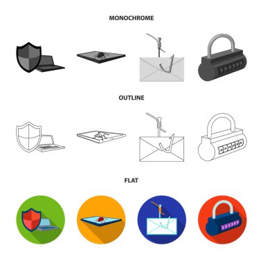 Hacker, sistem, bağlantı. Bilgisayar korsanları ve kesmek Flat set toplama simgeler, anahat, tek renkli stil vektör simge stok çizim web.