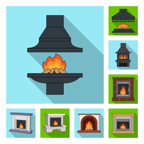 Diferentes tipos de lareiras ícones planos na coleção de conjuntos para design.Fireplaces construção vetor símbolo web ilustração . — Vetor de Stock