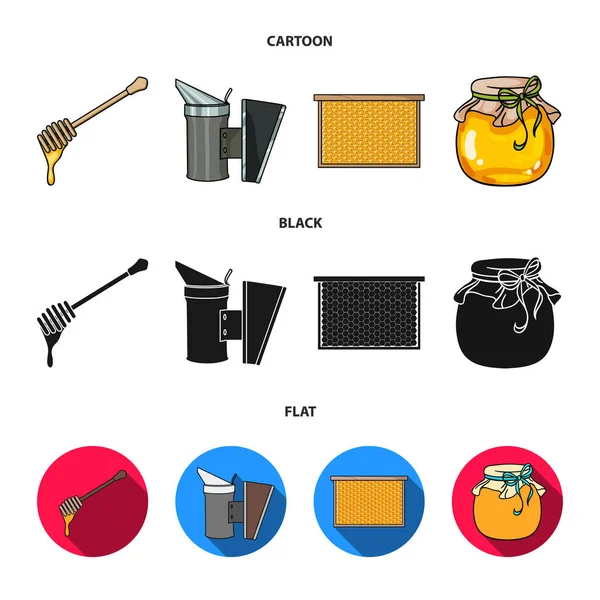 一架蜂窝, 一包蜂蜜, 一 fumigator 蜜蜂, 一罐蜂蜜。蜂房集合图标在卡通, 黑色, 平面式矢量符号股票插画网站. — 图库矢量图片
