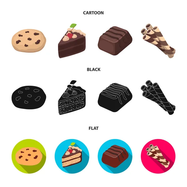Biscuits américains, un morceau de gâteau, bonbons, gaufrettes. Ensemble de desserts au chocolat icônes de la collection en dessin animé, noir, plat style vectoriel symbole illustration web . — Image vectorielle