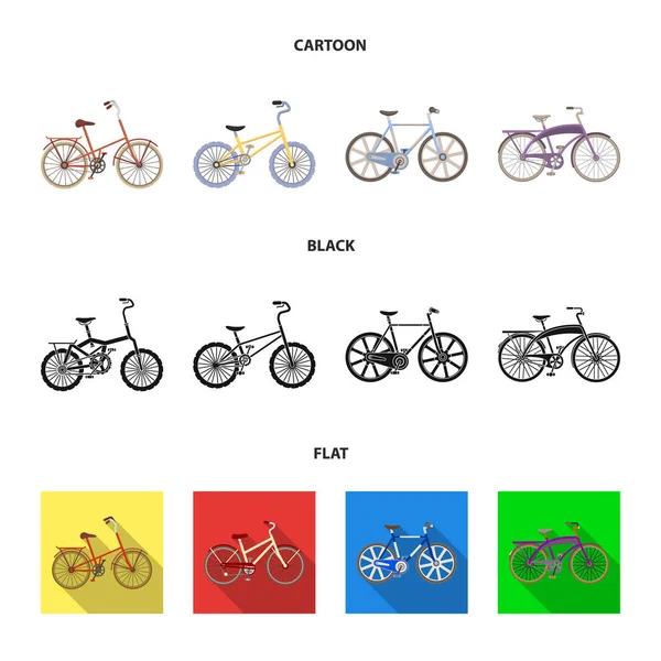 Kinder Fahrrad und andere Arten. Verschiedene Fahrräder setzen Sammlung Symbole in Cartoon, schwarz, flachen Stil Vektor Symbol Stock Illustration Web. — Stockvektor