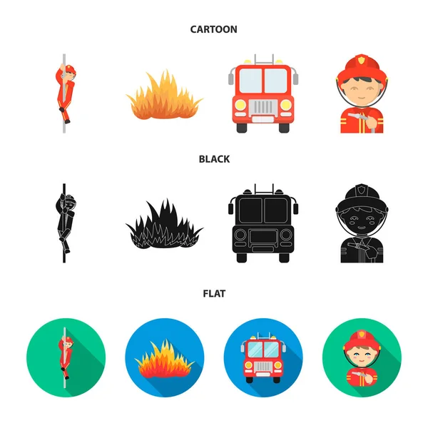 Пожарный, пожарный, пожарный. Пожарный департамент набор иконок коллекции в мультфильме, черный, плоский стиль векторных символов фондового иллюстрации веб . — стоковый вектор