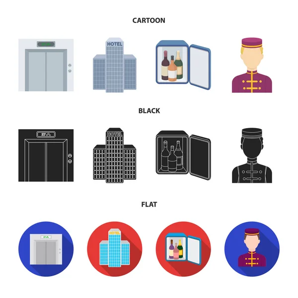 Elevator car, mini bar, staff, building.Hotel set collection icons in cartoon,black,flat style vector symbol stock illustration web. — Stock Vector