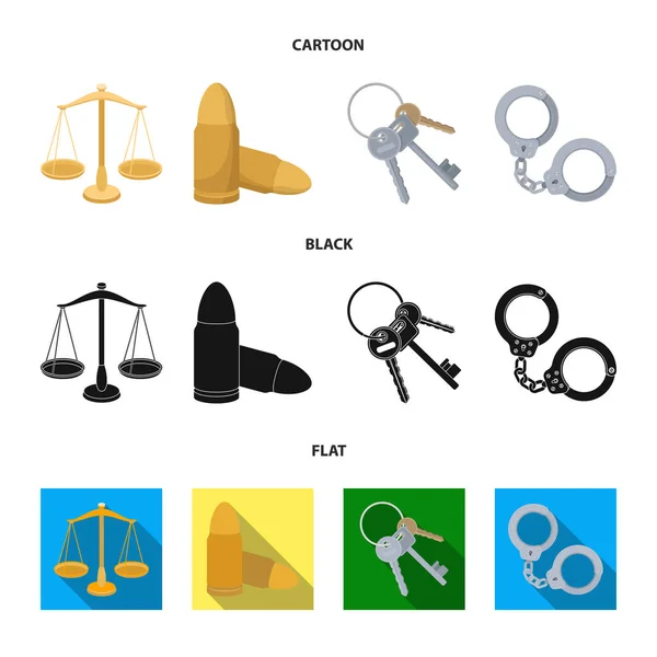 Maßstäbe der Gerechtigkeit, Patronen, ein paar Schlüssel, Handschellen. Gefängnis Set Sammlung Symbole in Cartoon, schwarz, flachen Stil Vektor Symbol Stock Illustration Web. — Stockvektor
