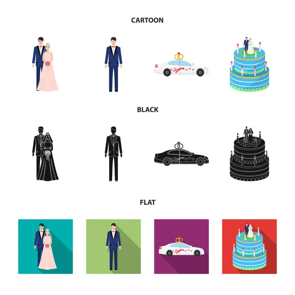 婚礼和属性卡通, 平面, 轮廓, 黑色图标在集集合为设计。新婚夫妇和附件矢量符号股票 web 插图. — 图库矢量图片