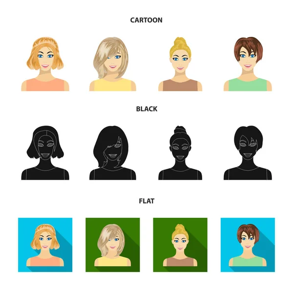 Types of female hairstyles cartoon, black, flat icons in set collection for design. Внешний вид веб-иллюстрации женского векторного символа . — стоковый вектор