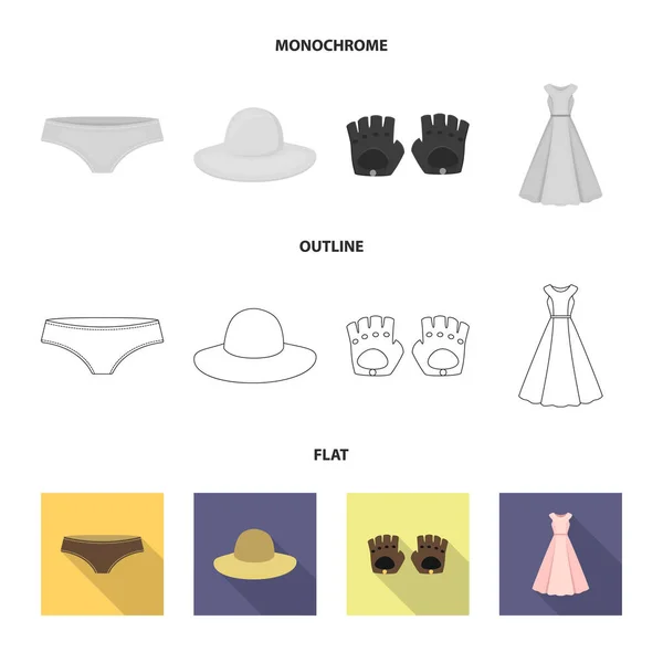 Külot, eldiven, elbise, şapka. Giyim koleksiyonu Icons set düz, anahat, tek renkli stil vektör simge stok çizim web. — Stok Vektör