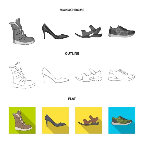 Ikonok a különböző cipő halmaza. Különböző cipő egyetlen ikon, a lapos, vázlat, fekete-fehér stílus vektor web szimbólum stock illusztráció. — Stock Vector