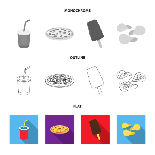 Cola, pizza, helado, chips.Fast conjunto de alimentos iconos de la colección en plano, contorno, el estilo monocromo vector símbolo stock illustration web . — Vector de stock