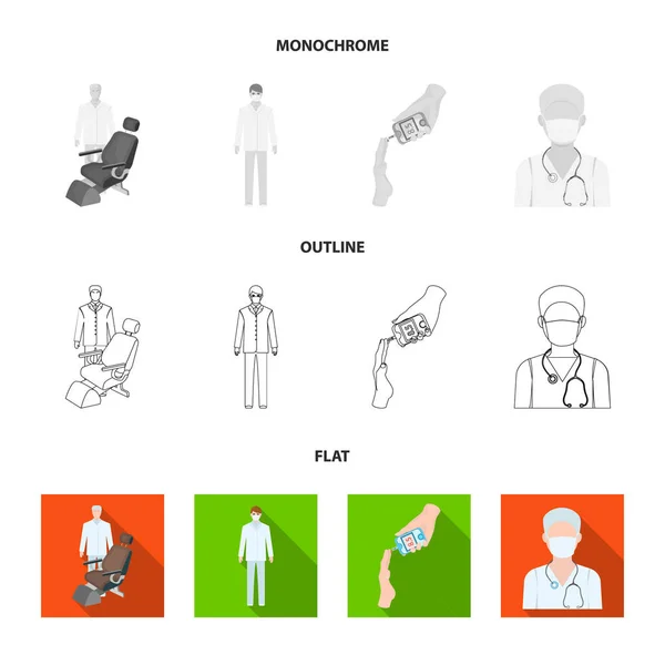 Arzt mit Mundschutz, Zahnarzt, medizinisches Personal, Blutuntersuchung auf Zucker. Medikamentensammlung Symbole in flach, umrissen, monochromen Stil Vektor Symbol Stock Illustration Web. — Stockvektor