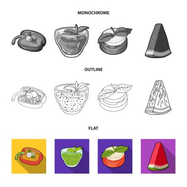 Tatlı Bulgar biber, vitamin içeceği, reçel Ahududu ve nane yaprakları ile karpuz bir parçası. Vejetaryen yemekleri toplama simgeler koymak düz, anahat, tek renkli stil vektör simge stok