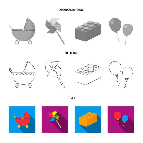 Kinderwagen, Windmühle, Lego, Luftballons. Spielzeug Set Sammlung Symbole in flachen, umrissenen, monochromen Stil Vektorsymbol Stock Illustration Web. — Stockvektor