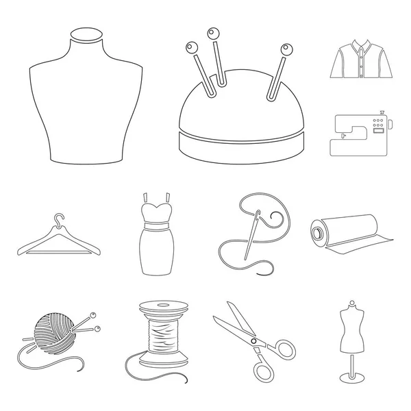 Иконки ателье и шитье контуров в наборе коллекции для дизайна. Оборудование и инструменты для шитья векторных символов . — стоковый вектор