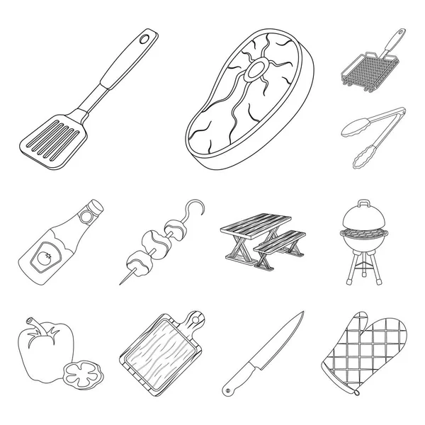 Barbacoa y equipo perfilan iconos en la colección de sets para el diseño. Picnic y comida frita vector símbolo stock web ilustración . — Archivo Imágenes Vectoriales