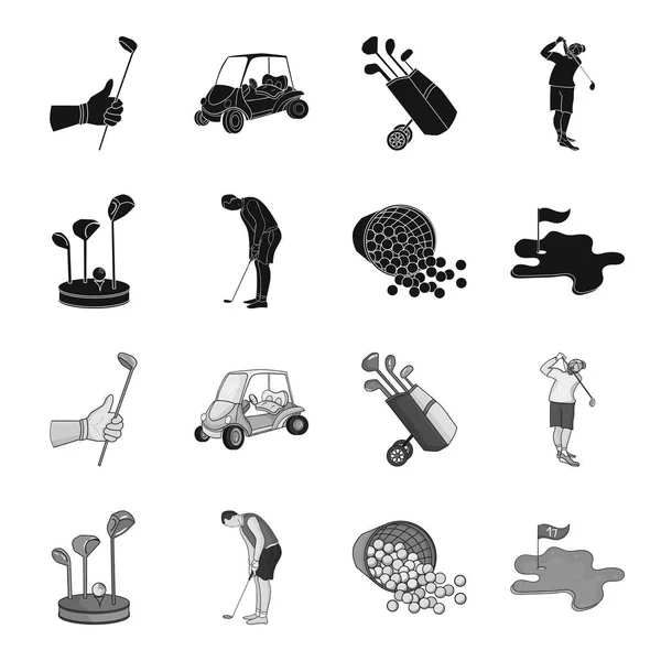 Steht für Golfschläger, Muschtschin spielt mit Schläger, Korb mit Bällen, Etikett mit Fahne auf dem Golfplatz. Golfschläger set collection icons in schwarz, monochrom stil symbol stock illustration web. — Stockfoto