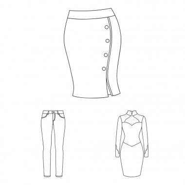 Kadın giyim set koleksiyonu tasarım için simgeleri anahat. Sembol stok web illüstrasyon vektör giyim çeşitleri ve aksesuarlar.