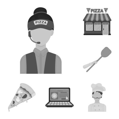 Pizza ve pizza tek renkli simgeler set koleksiyonu tasarım için. Personel ve ekipman sembol stok web illüstrasyon vektör.