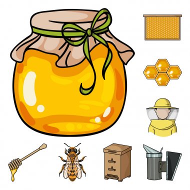 Set koleksiyonu tasarım için arı kovanı ve arıcılık karikatür simgeler. Ekipman ve bal üretim sembol stok web illüstrasyon vektör.