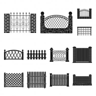 Set koleksiyonu tasarım için farklı çit siyah simgeler. Dekoratif eskrim sembol stok web illüstrasyon vektör.