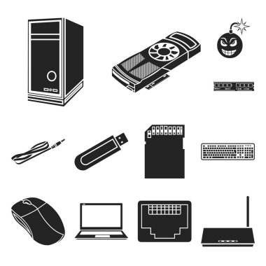 Set koleksiyonu tasarım için kişisel bilgisayar siyah simgeler. Ekipman ve aksesuarları sembol stok web illüstrasyon vektör.
