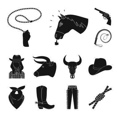 Rodeo, rekabet siyah set koleksiyonu tasarım için simgeler. Kovboy ve ekipman sembol stok web illüstrasyon vektör.