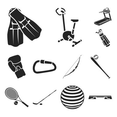 Spor çeşitleri set koleksiyonu tasarım için simgeler siyah. Spor ekipmanları vektör simge stok web çizim.