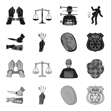 Soygun saldırı, parmak izi, polis rozeti, yankesici. Suç toplama simgeler siyah, tek renkli stil vektör simge stok çizim web içinde ayarla..