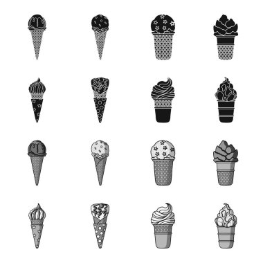 Bir gözleme koni ve diğer türler bir sopa dondurma. Dondurma toplama simgeler siyah, tek renkli stil vektör simge stok çizim web içinde ayarla..