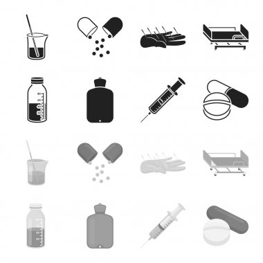 Çözüm, daha sıcak, şırınga, hap. İlaç toplama simgeler siyah, tek renkli stil vektör simge stok çizim web içinde ayarla..