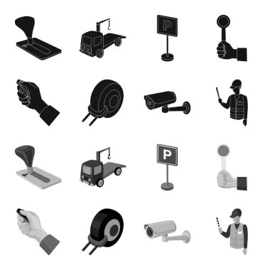 Araba alarmı, jant, güvenlik kamerası, Park asistanı. Buraya park edilmez toplama simgeler siyah, tek renkli stil vektör simge stok çizim web içinde ayarla..