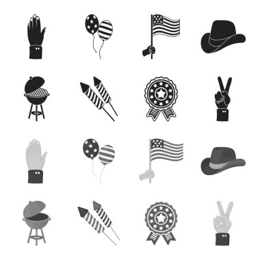 Barbekü, Selam, ebblema, zafer oylama. Vatansever gün toplama simgeler siyah, tek renkli stil vektör simge stok çizim web içinde ayarla..