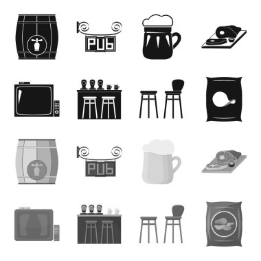 TV, bar sayacı, sandalyeler ve koltuklar, patates cipsi. Pub toplama simgeler siyah, tek renkli stil vektör simge stok çizim web içinde ayarla..