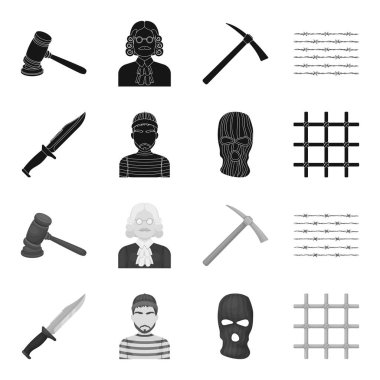 Bıçak, mahkum, yüz, çelik Panjur maske. Hapishane toplama simgeler siyah, tek renkli stil vektör simge stok çizim web içinde ayarla..