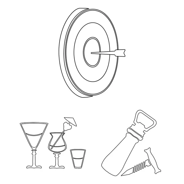 Pub, interieur en materiaal van overzicht pictogrammen in set collectie voor design. Alcohol en voedsel symbool voorraad web vectorillustratie. — Stockvector