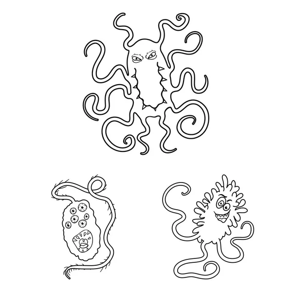 Types de microbes drôles icônes contour dans la collection de jeu pour la conception. Microbes pathogène vecteur symbole stock web illustration . — Image vectorielle