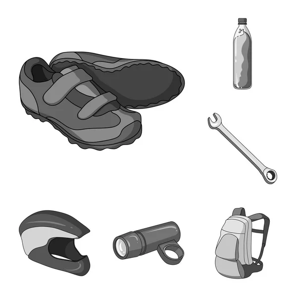 Traje de bicicleta iconos monocromáticos en la colección de conjuntos para el diseño. Bicicleta y herramienta vector símbolo stock web ilustración . — Vector de stock