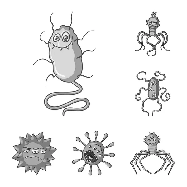 Tipos de microbios divertidos iconos monocromáticos en la colección de conjuntos para el diseño. Microbios patógenos vector símbolo stock web ilustración . — Vector de stock