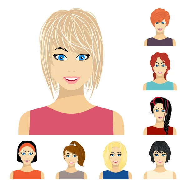 Види жіночих зачісок мультяшних іконок у наборі для дизайну. Зовнішній вигляд жінки Векторний символ стокова веб-ілюстрація . — стоковий вектор