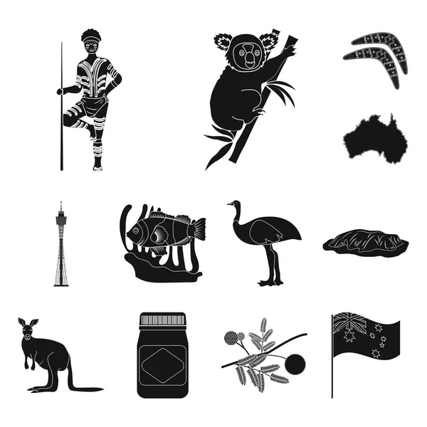 País Australia iconos negros en la colección de conjuntos para design.Travel y atracciones vector símbolo stock web ilustración . — Vector de stock