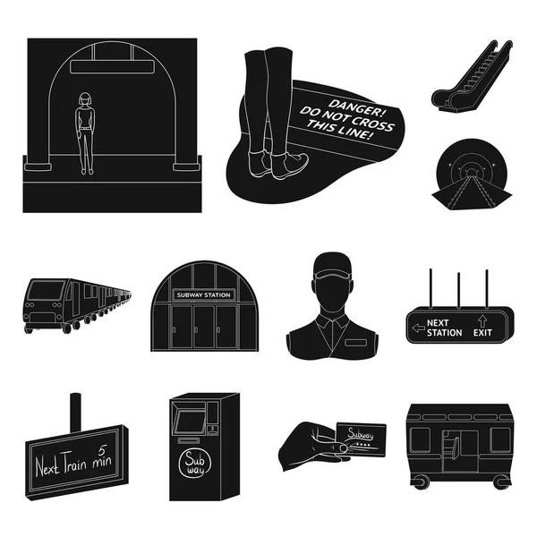 Metra, Metro czarny ikony w kolekcja zestaw do projektowania. Miejski transport wektor symbol akcji web ilustracja. — Wektor stockowy