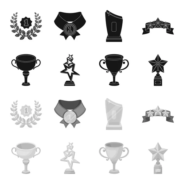 Coupe d'argent pour la deuxième place, étoiles d'or sur le stand, une tasse avec une étoile, une tasse d'or.Prix et trophées ensemble icônes de la collection en noir, symbole vectoriel de style monochrome illustration web . — Image vectorielle