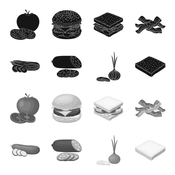 Burger ve malzemeler siyah, tek renkli simgeler set koleksiyonu tasarım için. Vektör simge stok web illüstrasyon pişirme Burger. — Stok Vektör