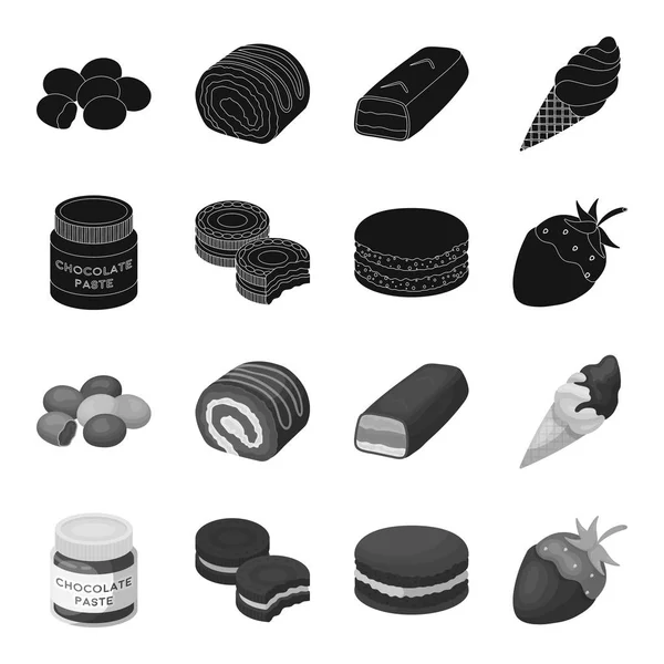 Pastas de chocolate, galletas, fresas en chocolate, hamburguesas. Los postres de chocolate establecen iconos de la colección en negro, el estilo monocromo vector símbolo stock ilustración web . — Vector de stock