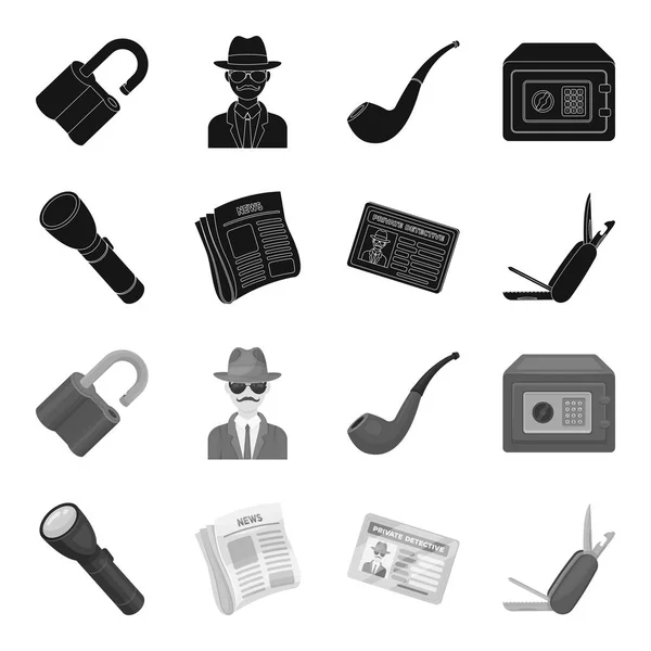 Linterna, periódico con noticias, certificado, cuchillo plegable.Detective conjunto de iconos de la colección en negro, el estilo monocromo vector símbolo stock ilustración web . — Vector de stock